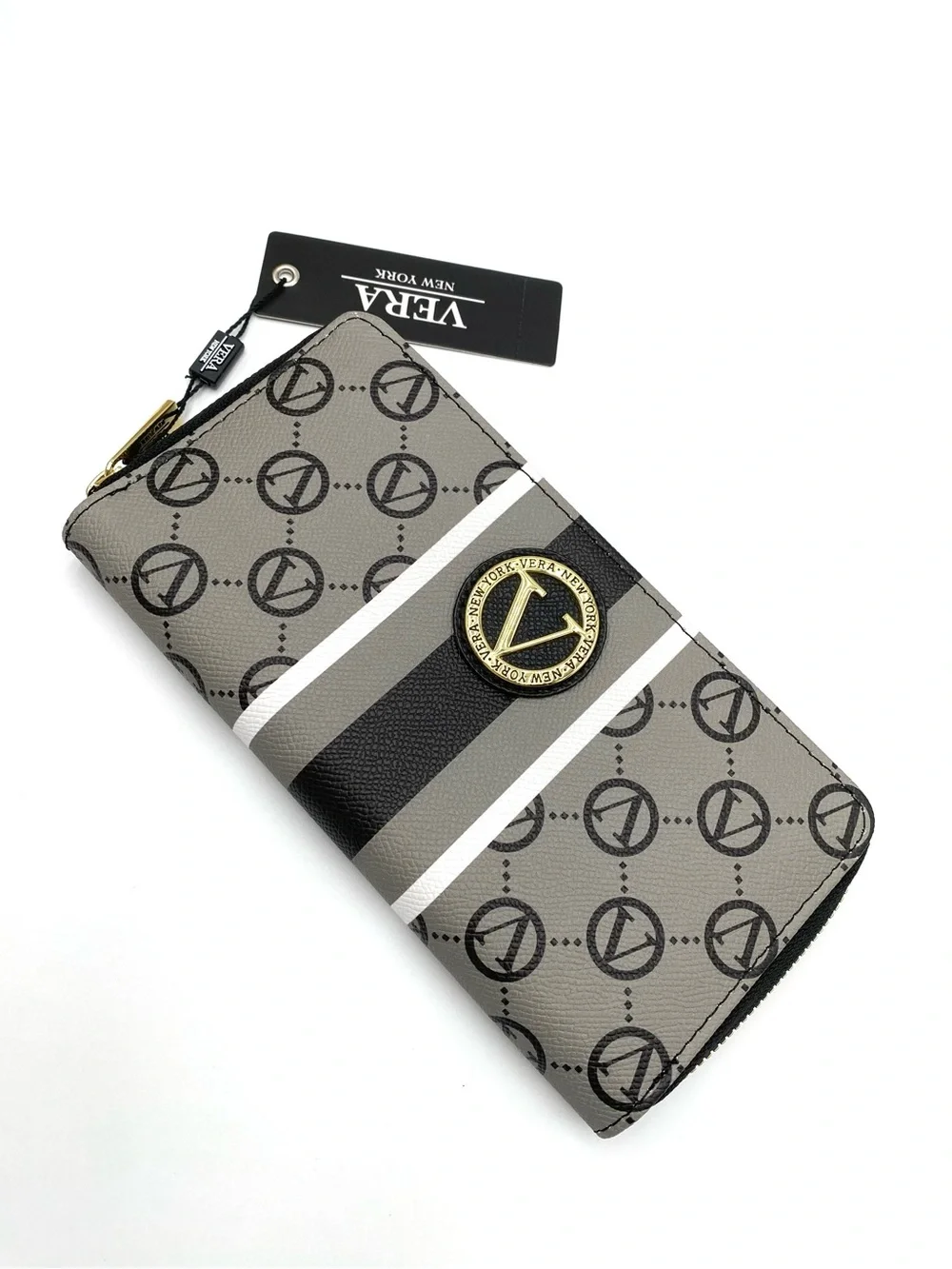Vera New York Wallet Womens Black Signature Logo Zip Around Stripe New